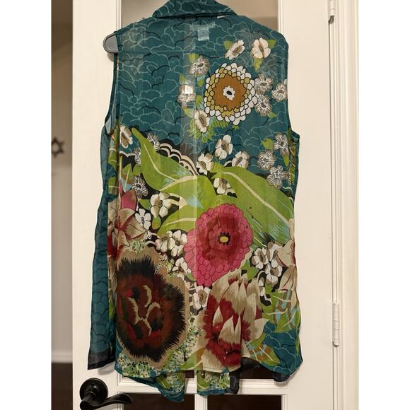 Coldwater Creek Sleeveless Vest Open-Front sheer Green Floral Pattern - Picture 2 of 6